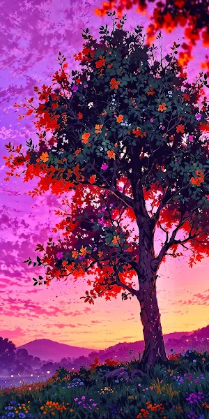Fantasy Landscape, Anime Scenery, Colorful Nature, Artistic Tree Full HD iPhone Wallpaper Background