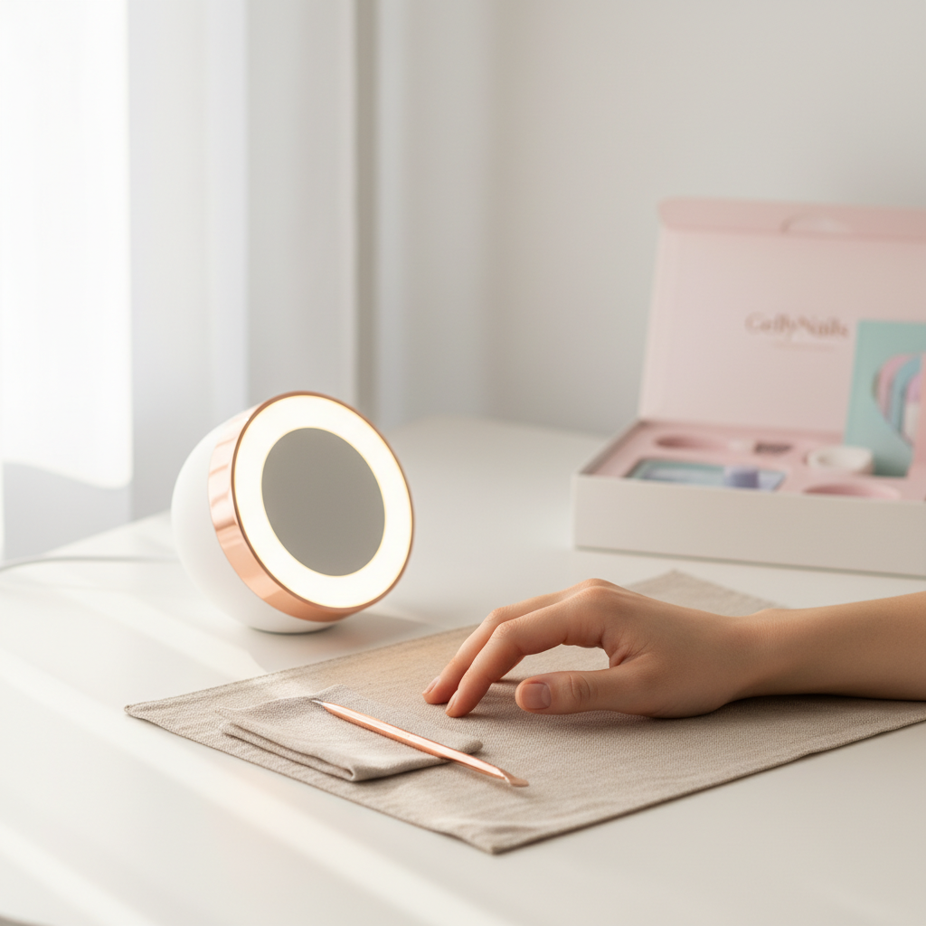 Minimalistische Vanity-Ecke mit eingeschalteter LED-Lampe, Handmodell auf Leinenmatte und offenem GellyNails Starter Kit in pastellverpackung, weiße Flächen und #f57fb6 Akzente.