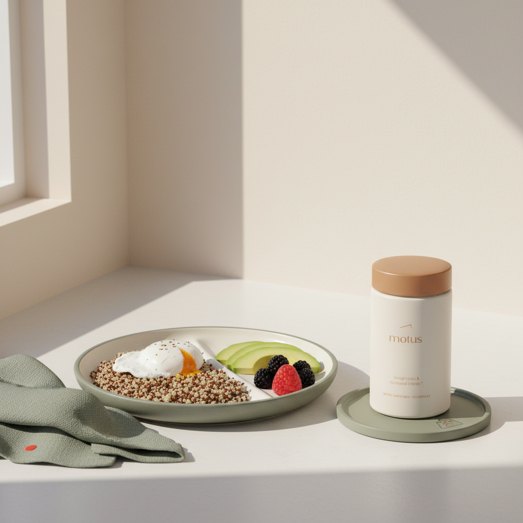 Motus supplement jar beside a balanced plate showing protein, carbs and fats — 3 3 3 rule for weight loss in a minimalist kitchen with soft natural light