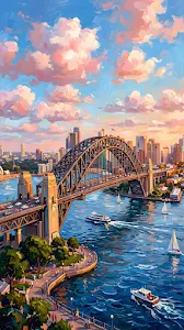 Stylized Painted Illustration of the Sydney Harbour Bridge at Sunset