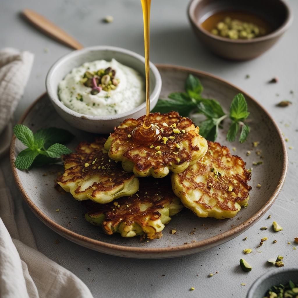 Fiery Celeriac & Apple Fritters with Zingy Pistachio-Herb Labneh & Golden Hot Honey Drizzle