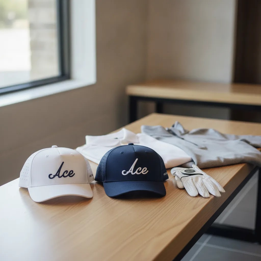 Mens golf hats in white and navy styled with golf apparel to show versatile golf hat pairing for the course
