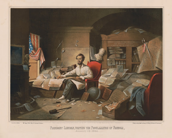 President Lincoln writing the Proclamation of Freedom January 1st 1863 1863