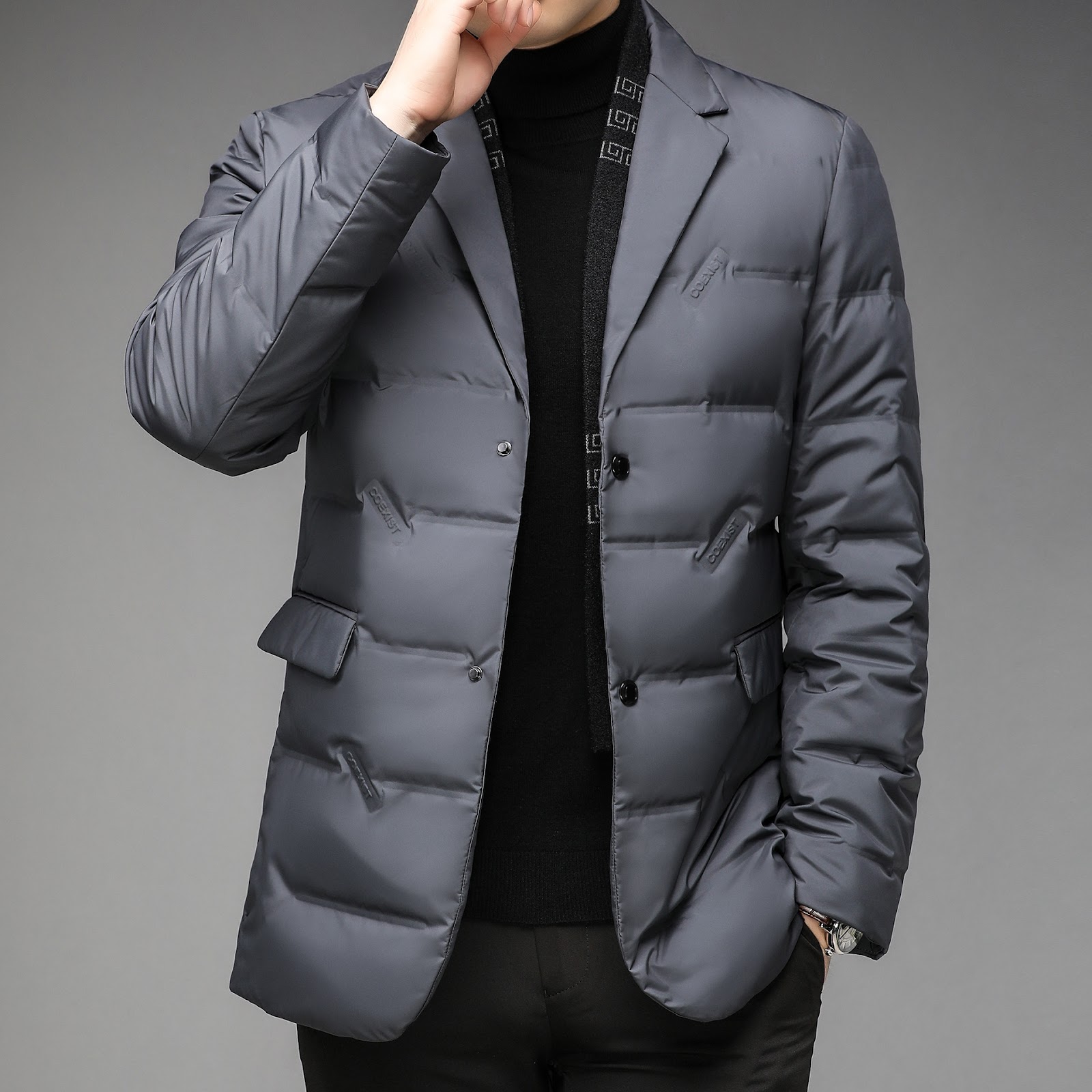 Men's down jacket in blazer style with removable collar