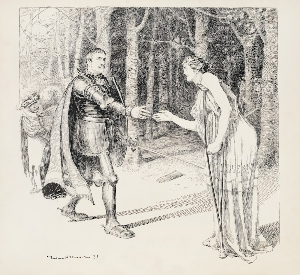 A knight rescues a wounded woman representing the Civil Service Her would be att