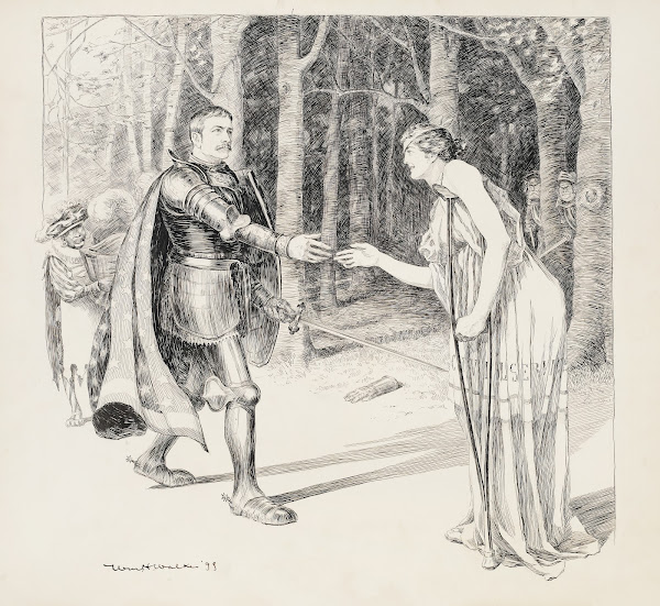 A knight rescues a wounded woman representing the Civil Service Her would be att