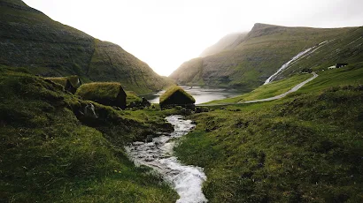 Faroe Islands, Stream, Landscape, River, Grass 5K Wallpaper Background