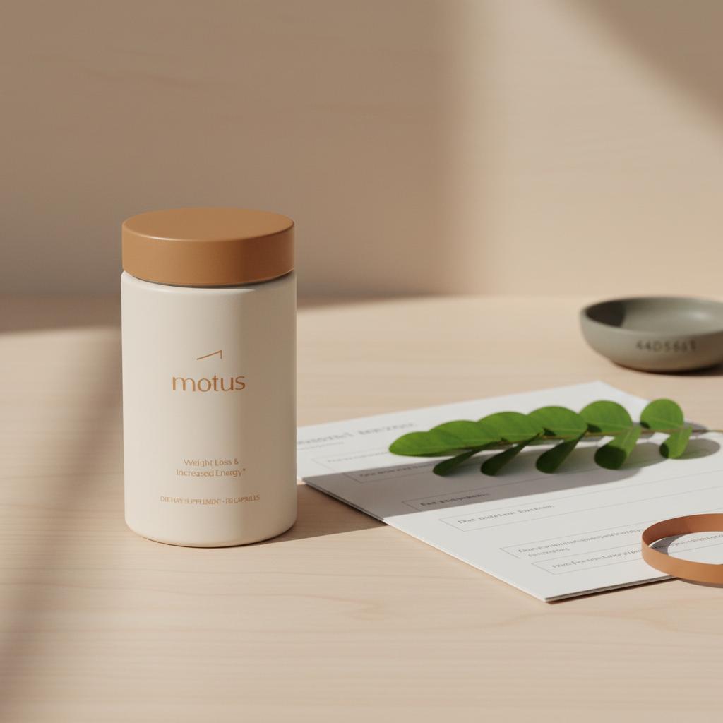 Minimal still-life of Tonum supplement container beside folded lab-style research paper and Mucuna sprig on light wood, natural dopamine booster product focus.