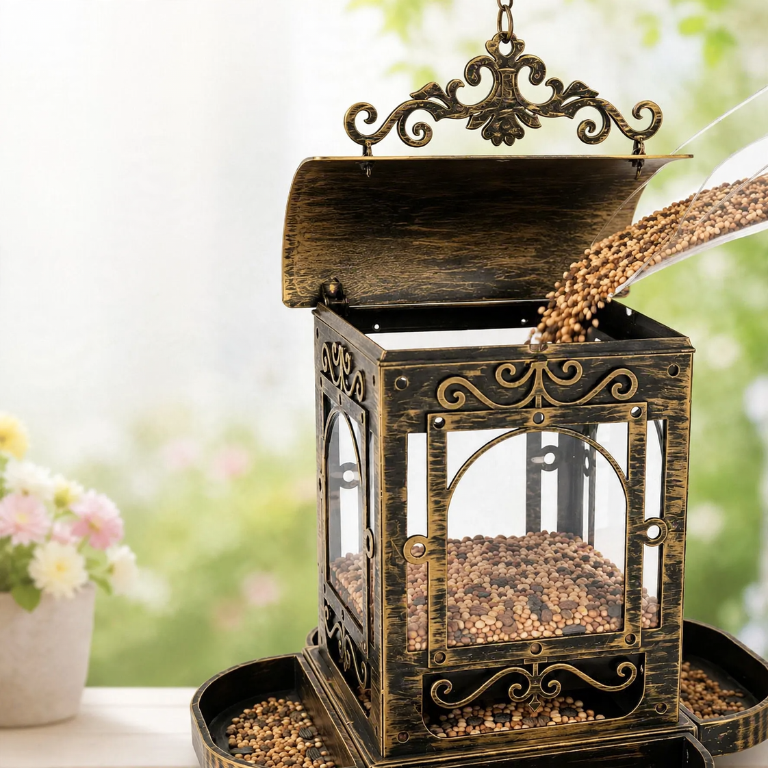 Bird feeder station in pavilion design made of iron