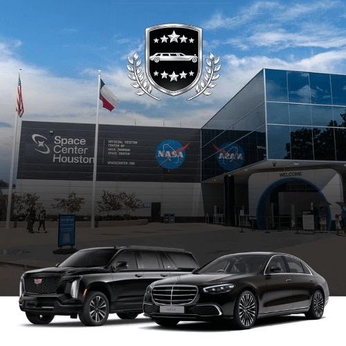 Luxury black sedan and SUV parked in front of Space Center Houston