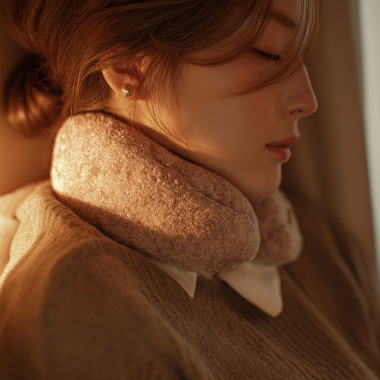 목 부위에 찜질을 하고 있는 생활 장면