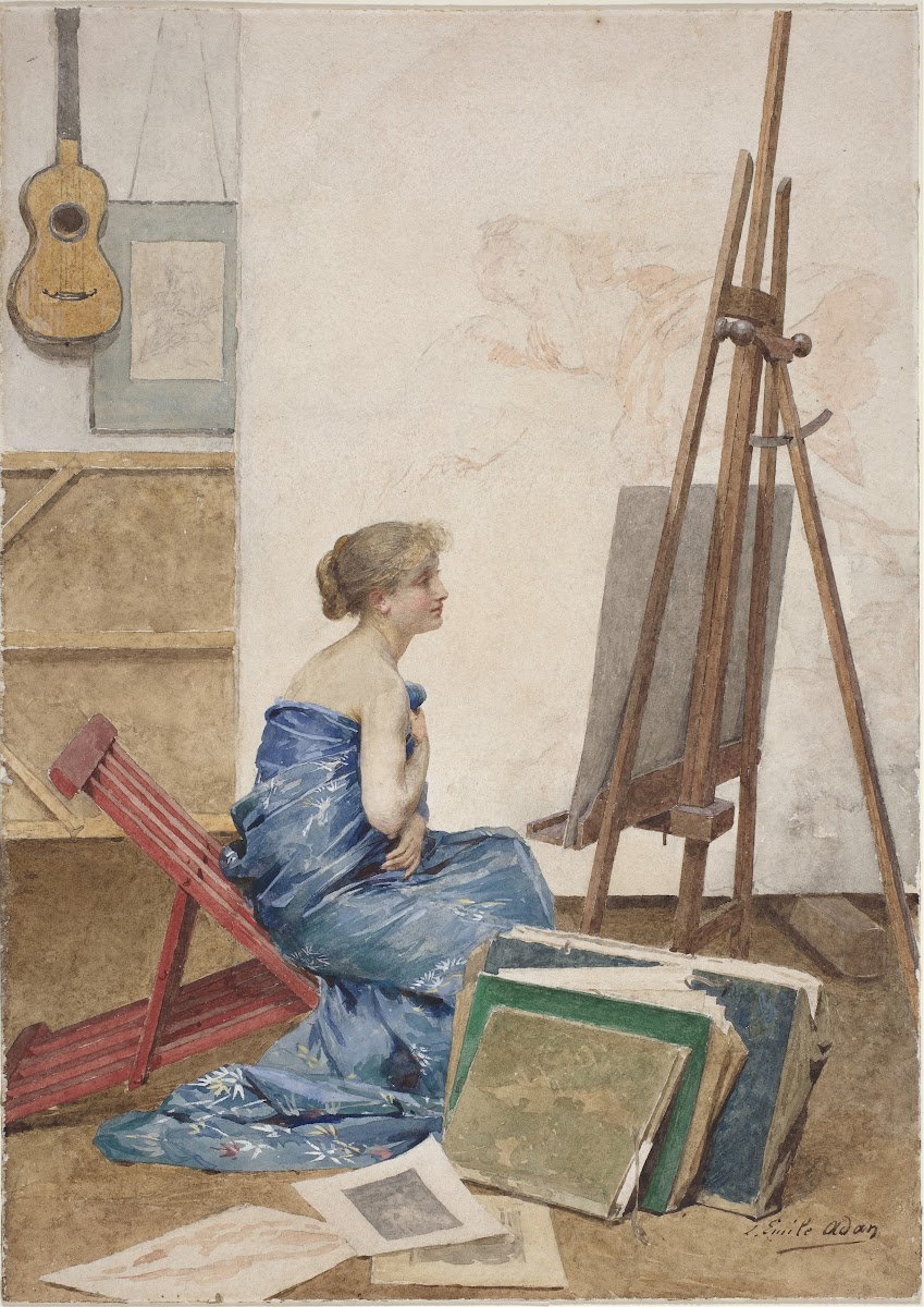 A Painters Studio with a Model Wrapped in Japanese Silk 1890s