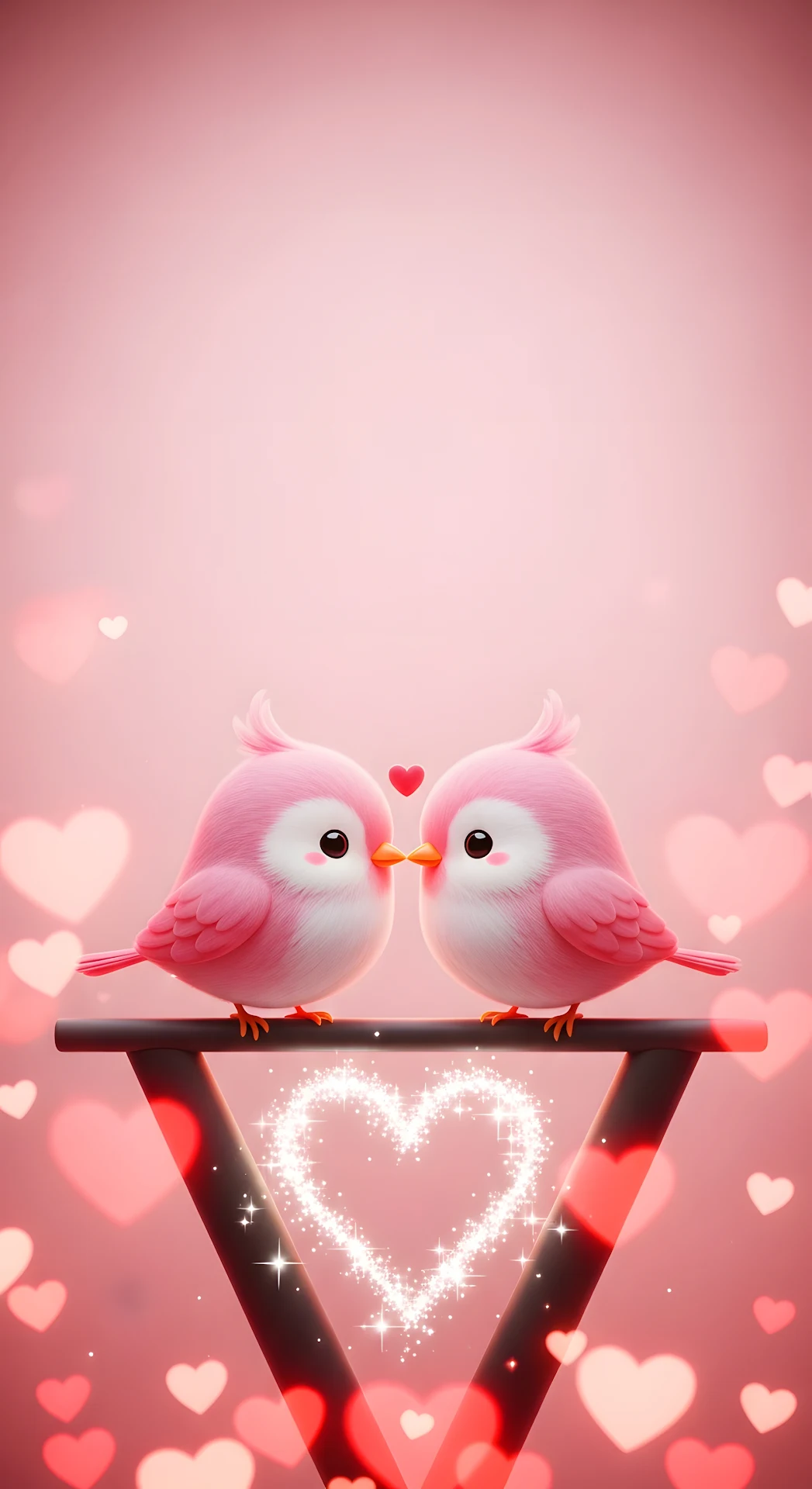 Cute Chibi Pink Birds Kissing on Branch with Heart Bokeh and Sparkles - Free 4K mobile Wallpaper