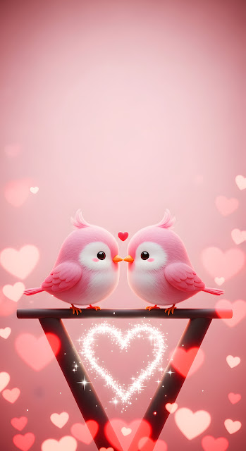 Cute Chibi Pink Birds Kissing on Branch with Heart Bokeh and Sparkles - Free mobile Wallpaper