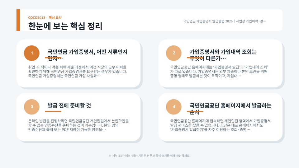 국민연금 가입증명서 발급과 가입내역 조회의 차이 및 경력증빙 확인 순서를 설명하는 안내 이미지