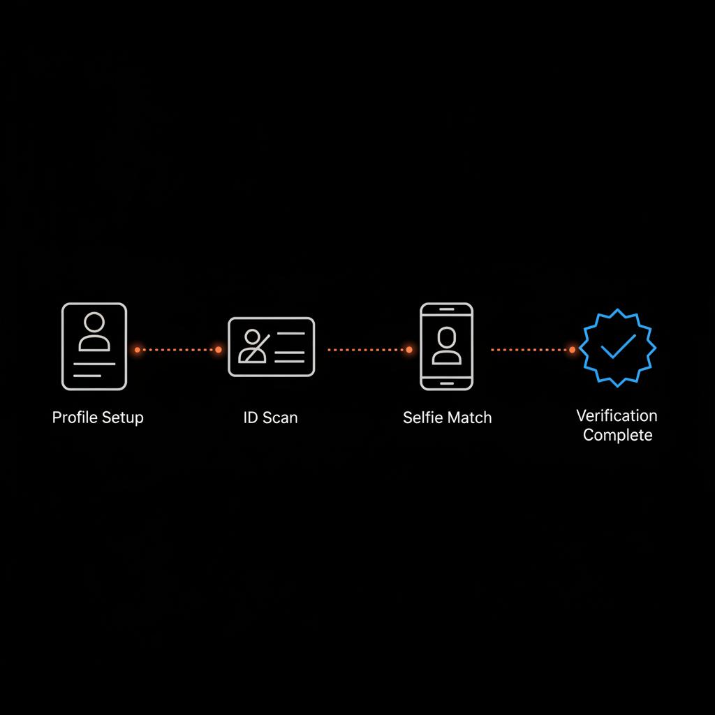 Minimal vector infographic showing the verification flow: profile → ID card → stylized selfie icon → blue badge, in Social Success Hub brand colors. Can anyone get Meta Verified?