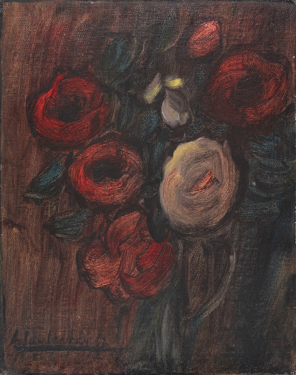 Grosses Stillleben Grüner Krug mit Pfingstrosen Dunkles Rosenbouquet 1937