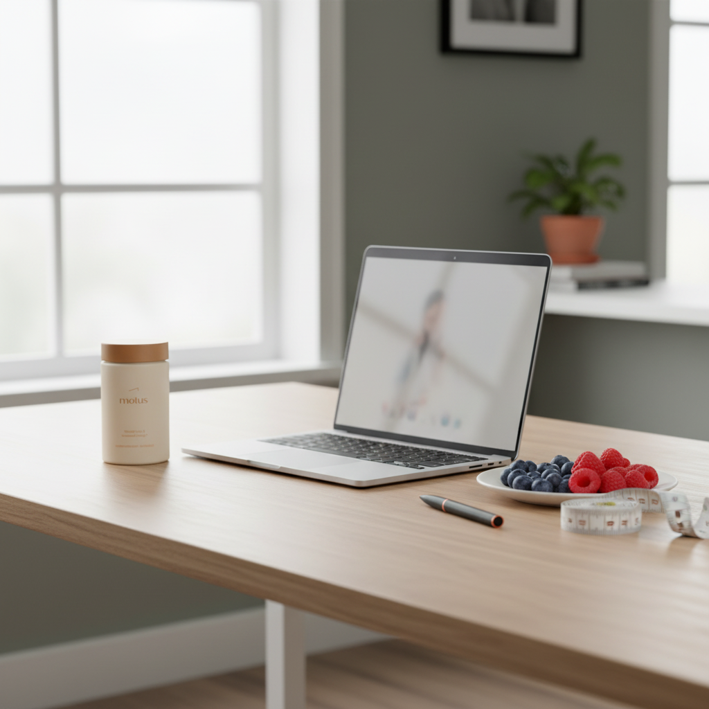 Minimal home office with laptop showing blurred telehealth session and Tonum Motus jar beside berries and a measuring tape, evoking integrative nutrition coach cost