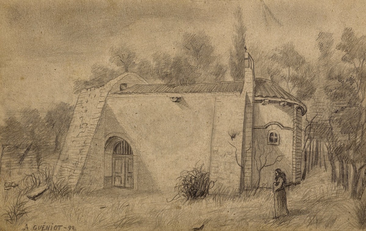Petite chapelle à Riom en Auvergne avec un moine 1892