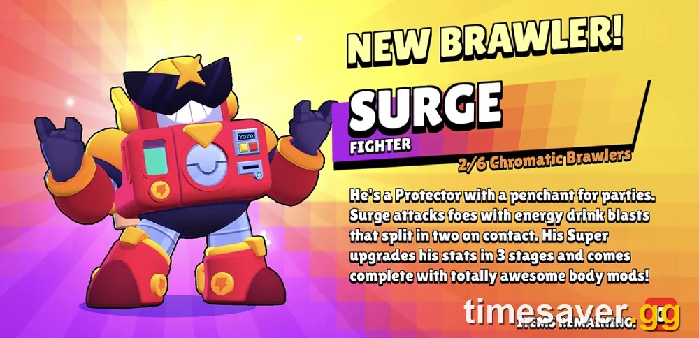 Surge, the most-drafted Brawl Ball control Brawler in Brawl Stars, shown in his official in-game reveal card