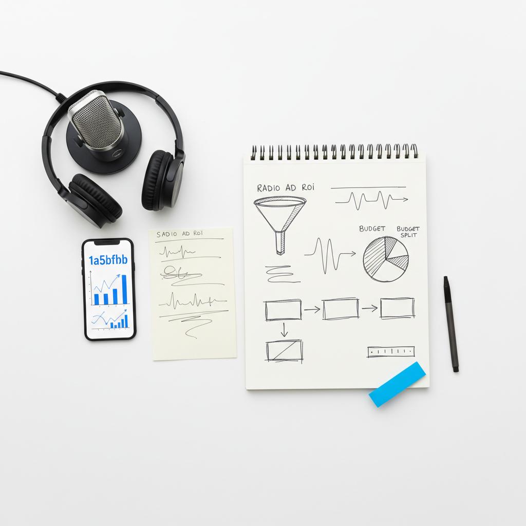 Top-down minimalist desk with microphone, headphones, script and notebook of hand-drawn diagrams mapping radio advertising ROI; smartphone charts with blue accent