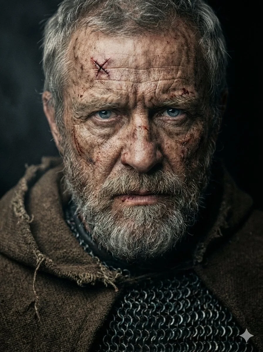 Un retrato hiperrealista y cinematográfico en primer plano de un anciano guerrero medieval curtido en la batalla, frente a una figura ligeramente...