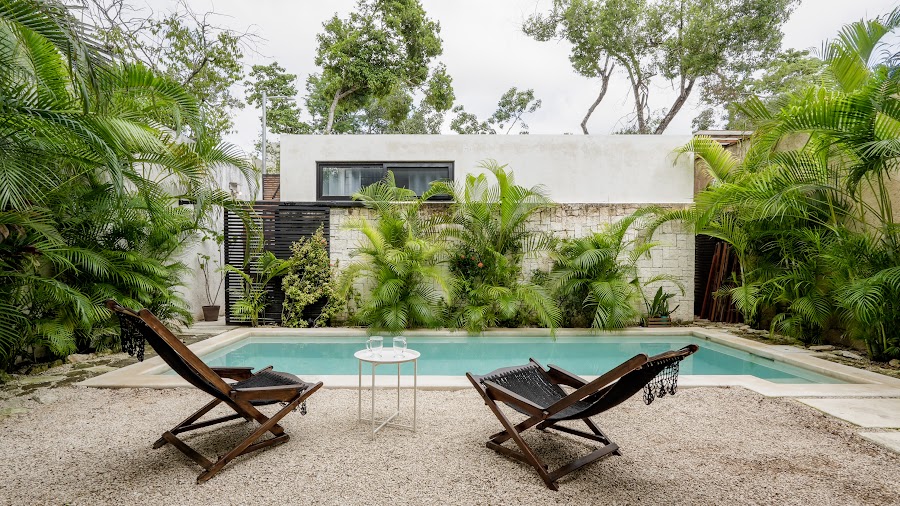 Pool courtyard with loungers