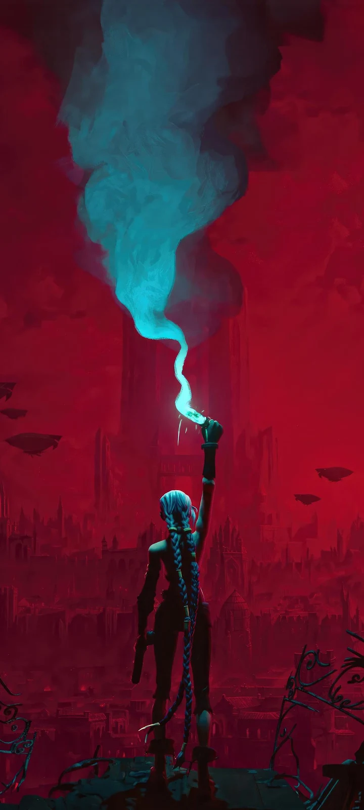Arcane Jinx Red Cityscape - Dramatic Digital Art Full HD iPhone Wallpaper (1080x2400)