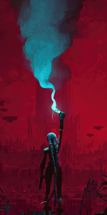 Arcane Jinx Red Cityscape Full HD iPhone Phone Wallpaper