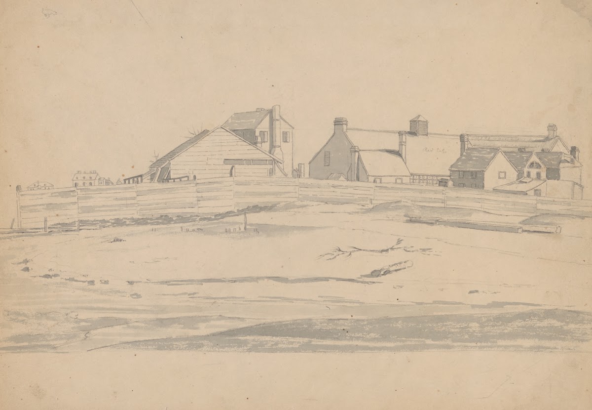 Factory compound as seen from the seashore perhaps related to Ipswich Massachuse