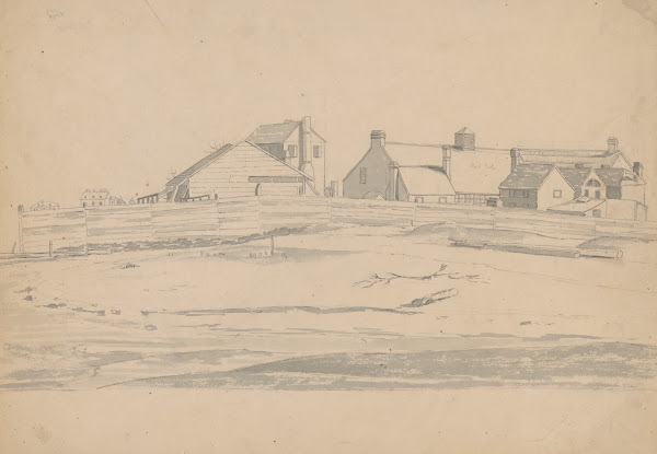 Factory compound as seen from the seashore perhaps related to Ipswich Massachuse