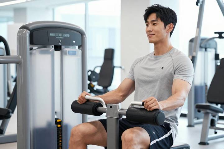 현대적인 한국 헬스장에서 레그 익스텐션 머신에 앉아 집중하며 운동하는 20대 한국 남성