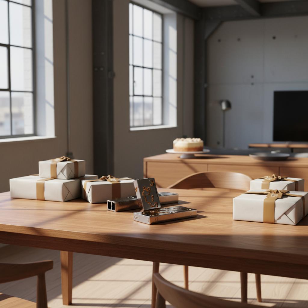 Esstisch mit gepflegten Geschenken, gravierten Metallobjekten und einfacher Vanilletorte in warmem, leicht-industriellem Ambiente – geschenkideen zum firmenjubiläum