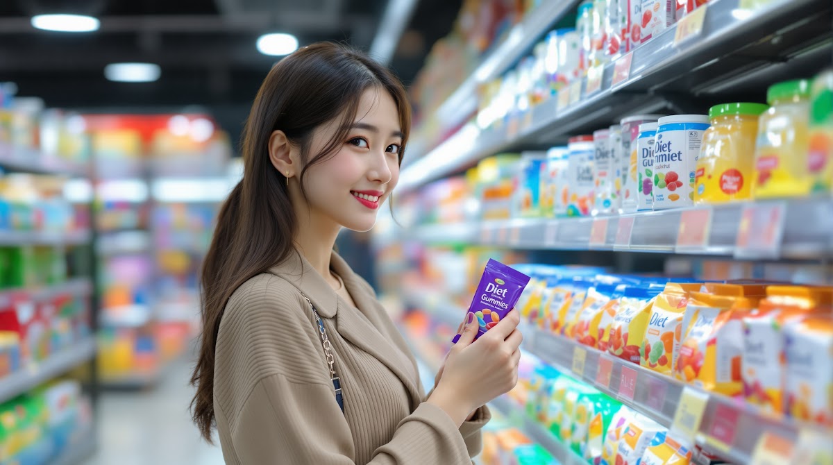 2025년 한국 드럭스토어와 온라인 플랫폼에서 2030 여성과 젊은 직장인들이 다양한 맛의 다이어트구미 제품을 구매하고, 일상 속에서 건강 간식으로 즐기는 모습