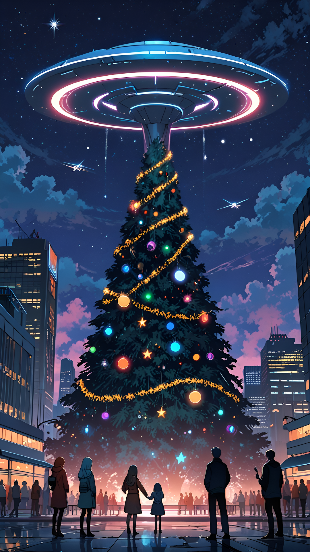 Futuristic Christmas Tree Under Flying Saucer - Free 4K mobile Wallpaper