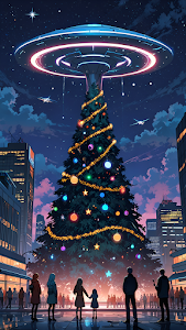 Futuristic Christmas Tree Under Flying Saucer