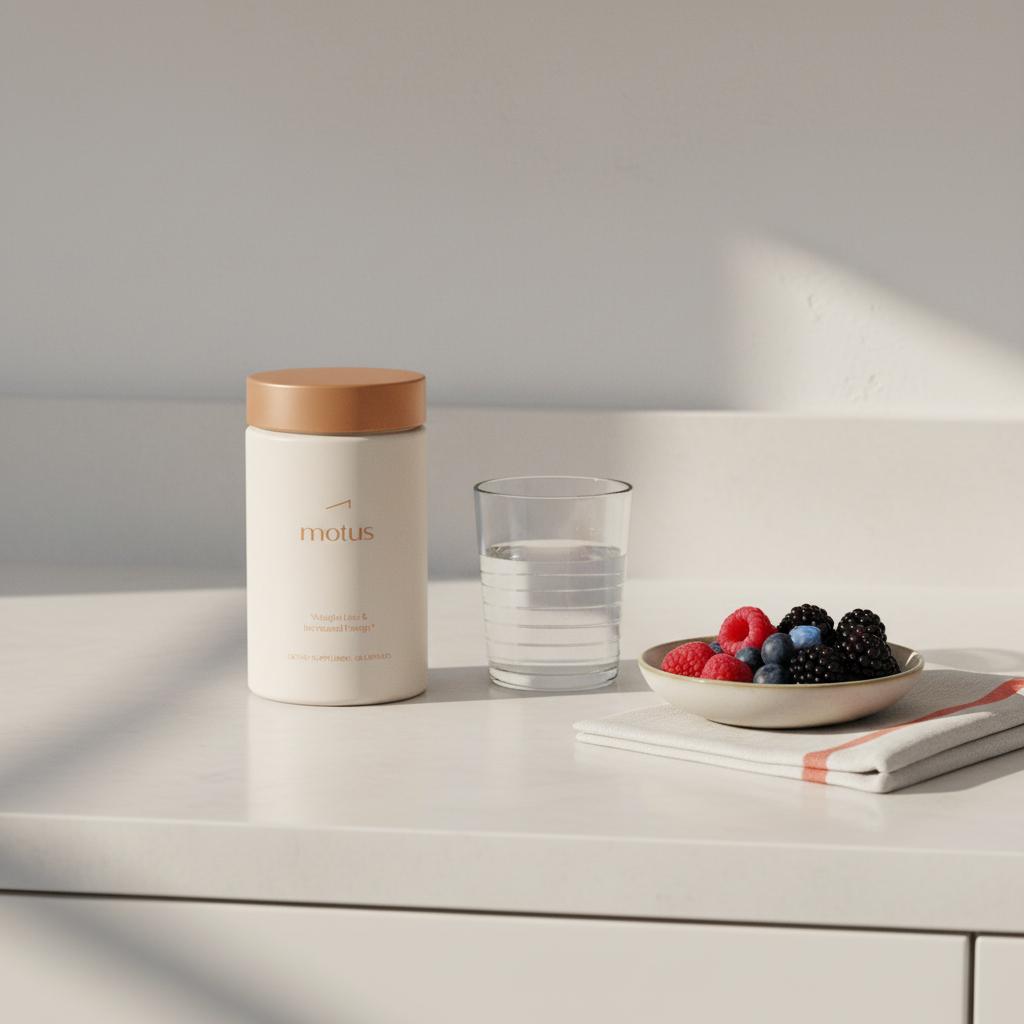 Tonum supplement container on a minimalist kitchen countertop beside a glass of water and a small bowl of fresh berries in soft morning light — alpha lipoic acid