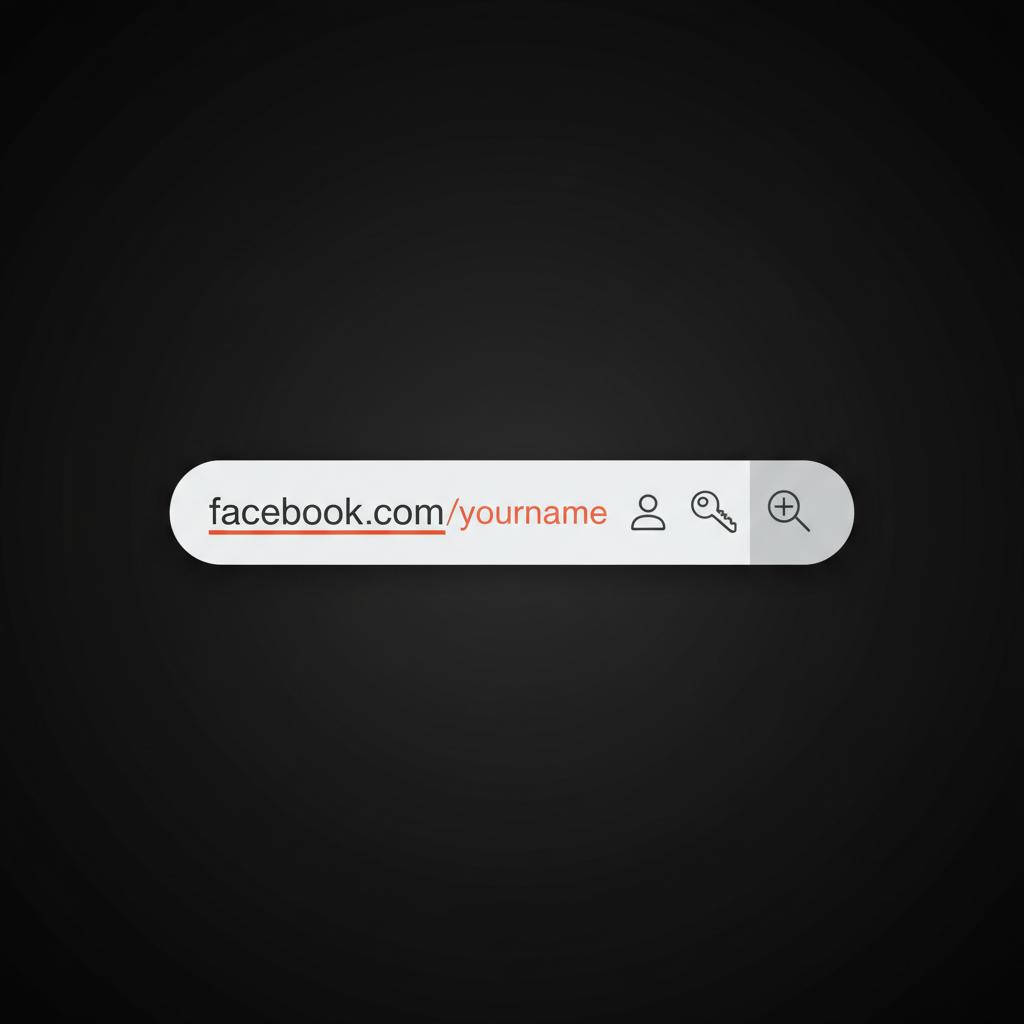 Full-frame vector infographic of a browser address bar highlighting "facebook.com/yourname" with minimal icons and orange accents to help find my FB username and password