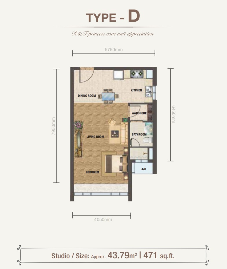 Princess Cove RNF Phase 2 Type D floor plan — 471 sq ft, 1 bedrooms