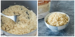 Hạt diêm mạch rửa sạch với nước, sau đó đun sôi nồi nước, cho hạt vào luộc chín mềm với chút muối khoảng 15 phút rồi tắt bếp, để nguội 5 phút. Dùng nĩa khuấy cho diêm mạch tơi ra và cho vào chén.