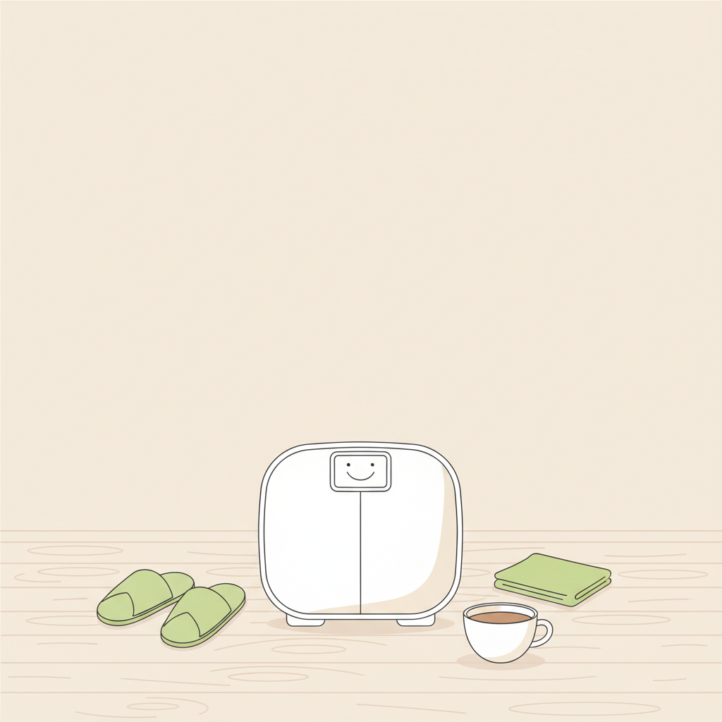 Minimalistische 2D-Vektorillustration einer Waage mit Smiley-Display auf Holzboden, Pantoffeln, Handtuch und Tasse Tee in ruhiger Szene. Thema Fettabbau