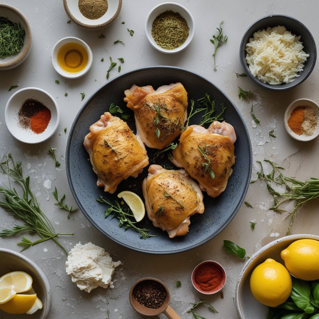 Ingredients for Crispy Lemon Herb Roasted Chicken Thighs Easy Homemade Recipe with Fresh Aromatics for Juicy Flavor
