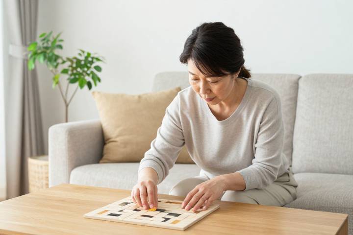 リビングで穏やかにパズルを楽しむ日本のシニア女性