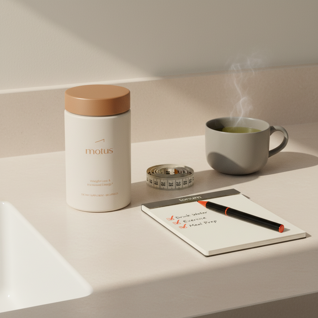 do fat burners reduce belly fat - Tonum Motus bottle on kitchen counter with measuring tape, simple habit checklist notebook and cup of green tea in a minimalist routine scene