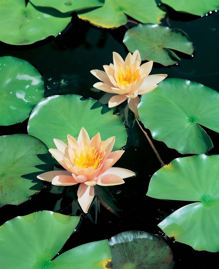 Nymphaea x 'Sunrise', ninfea rustica con fiori gialli in uno stagno da giardino