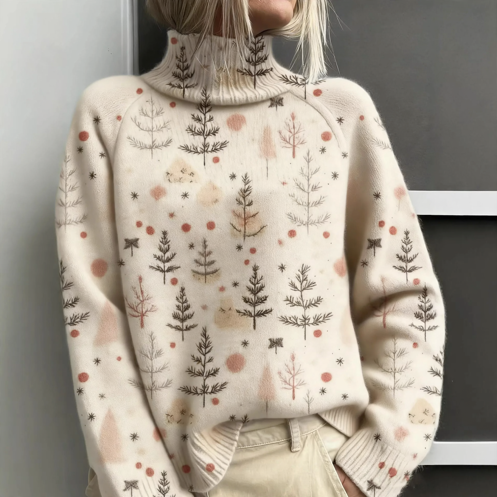 Loosely cut women's turtleneck sweater with Christmas print