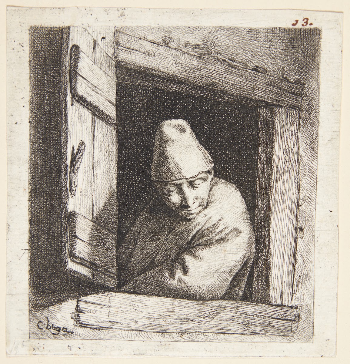 Bonde der ser ud af et vindue
