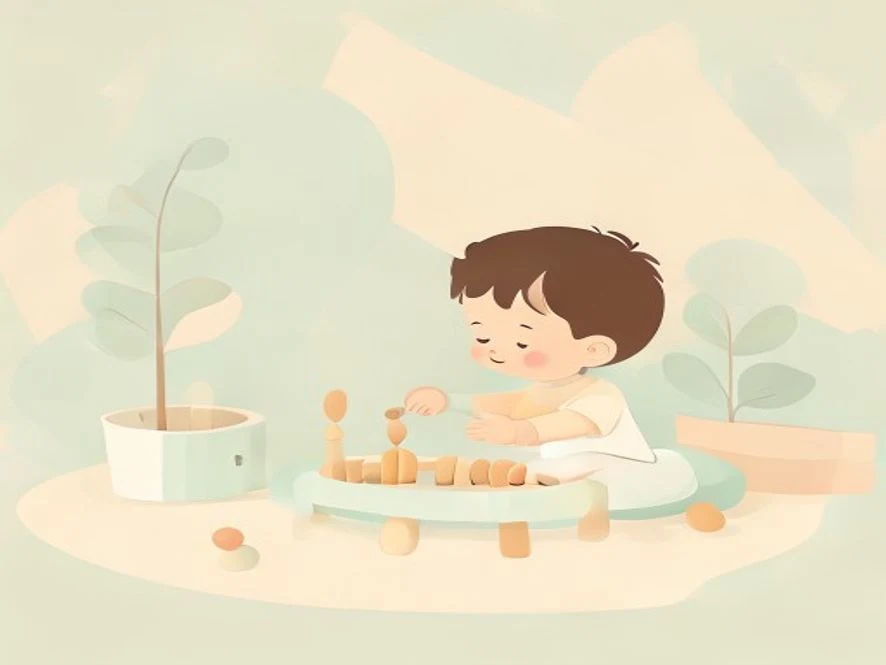 민트 그린과 화이트 톤의 깔끔한 놀이방에서 아기자기한 목재 수 세기 고리 장난감을 가지고 노는 모습을 표현한 단순한 벡터 일러스트레이션