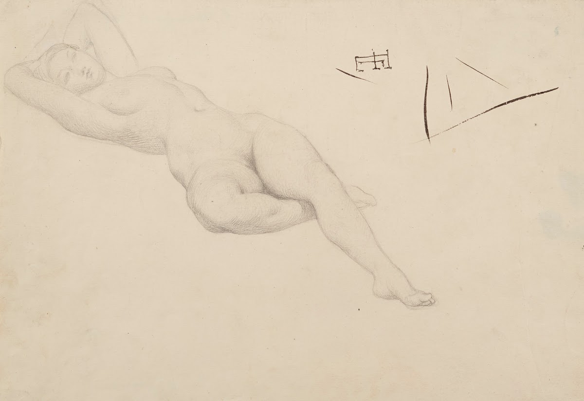 Etude de femme nue couchée les mains derrière la tête