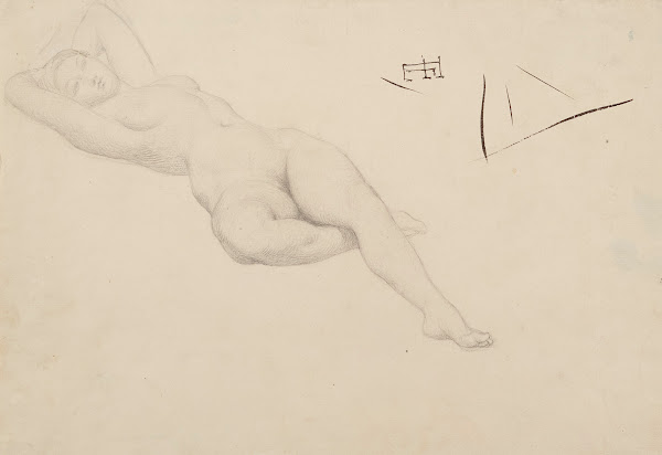 Etude de femme nue couchée les mains derrière la tête